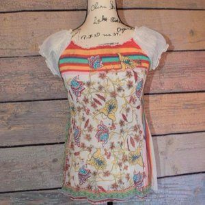 Sheer Accordian Ribbed Cap Sleeve Peasant Top Asian Floral Print L Gypsy